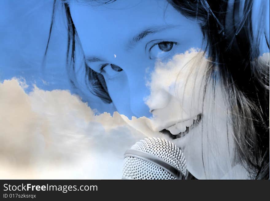 Teen girl singing in blue sky. Teen girl singing in blue sky