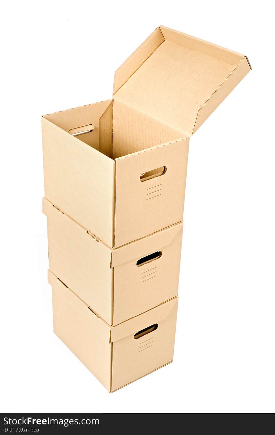 One open cardboard box on two others isolated on white. One open cardboard box on two others isolated on white