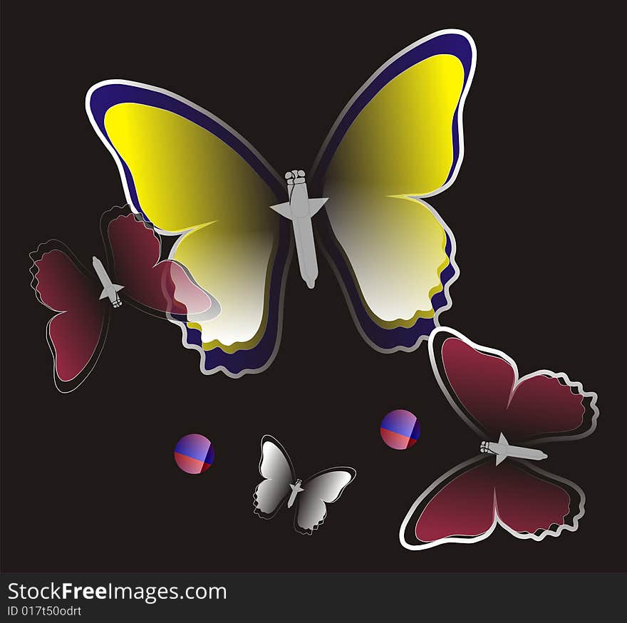 Picture with the image of abstract butterflies on a black background.