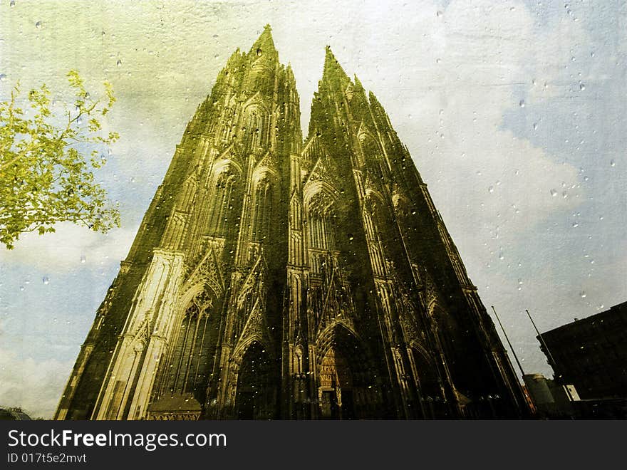 Cologne cathedral reflected in gold mirror with raindrops. Cologne cathedral reflected in gold mirror with raindrops.