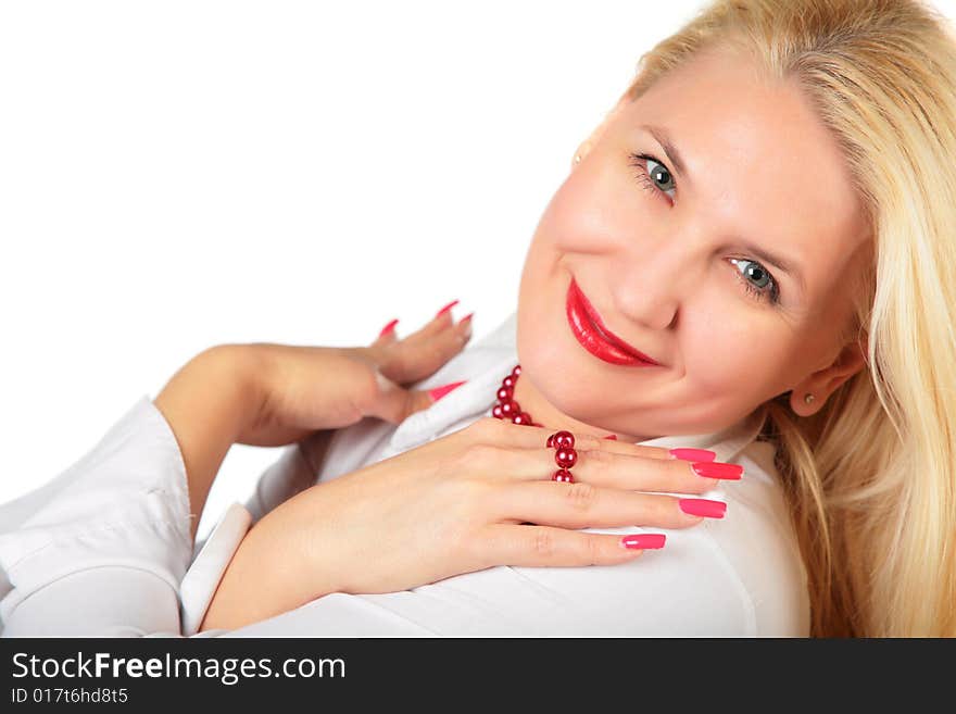 Blond middleaged woman with fingers on white