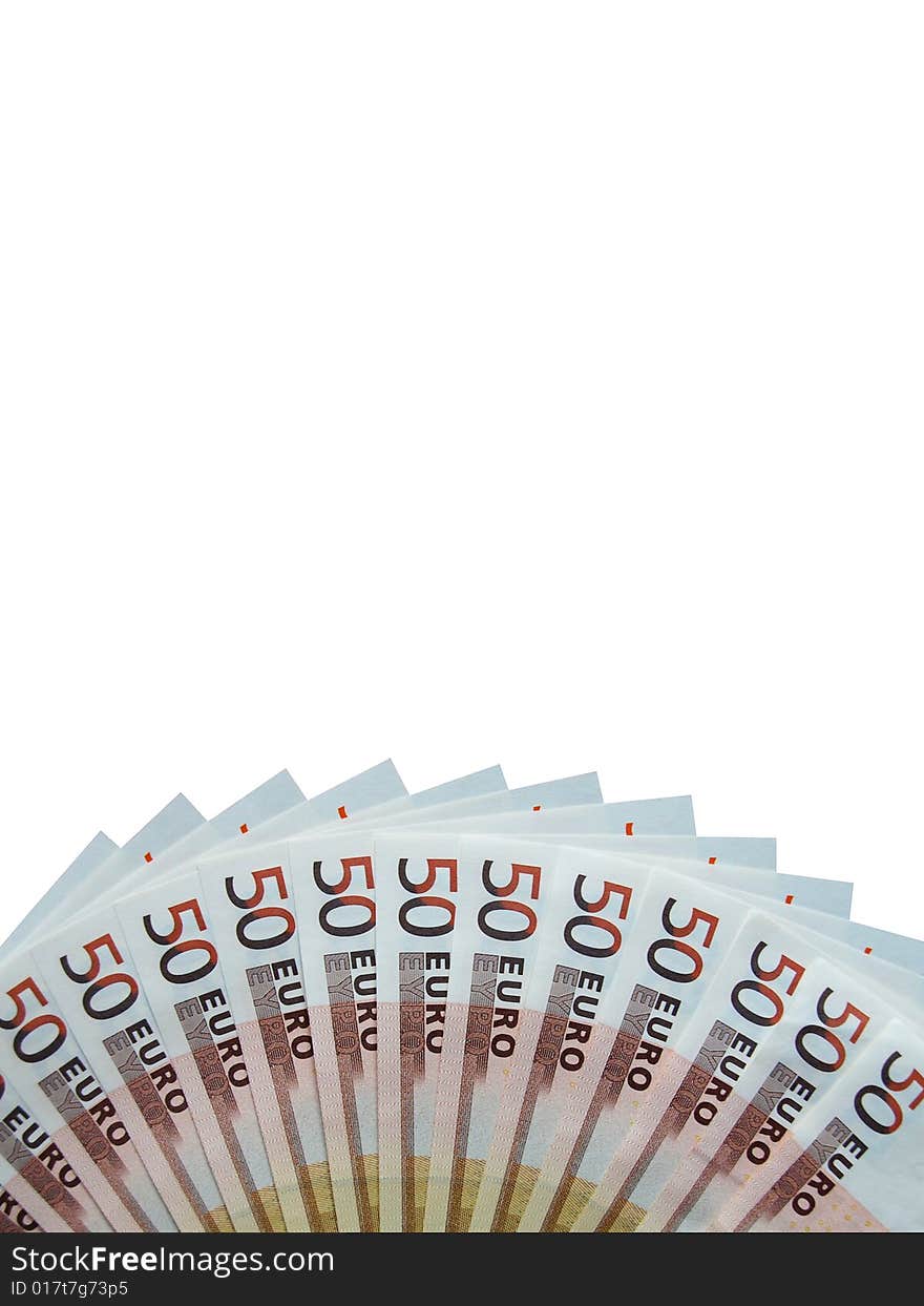 Fifty euro banknotes on white