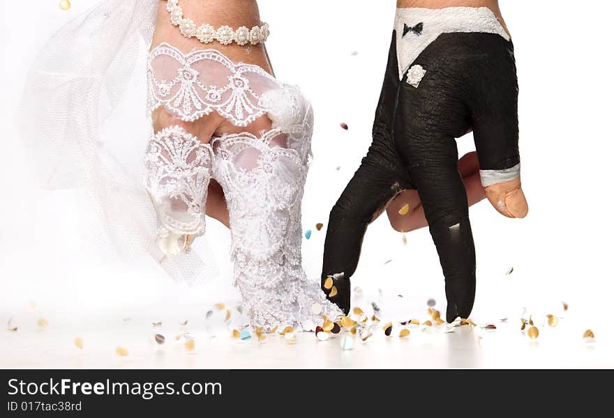 Hands painted as happy bride over white background