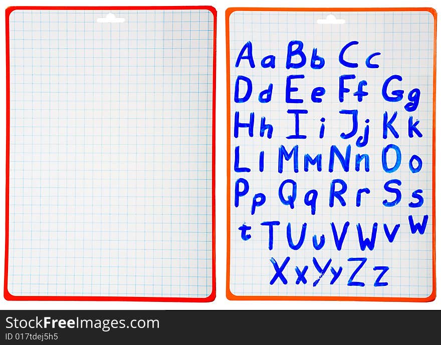 Board for records in a cage. The alphabet written by a marker. A template for your text on memoboard. Board for records in a cage. The alphabet written by a marker. A template for your text on memoboard.