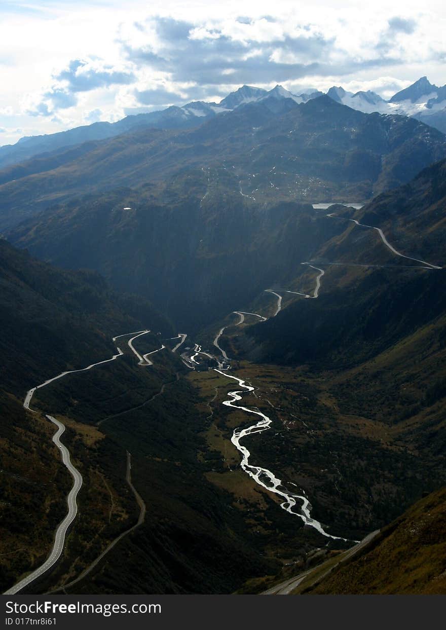 switchback road in Swiss Alps