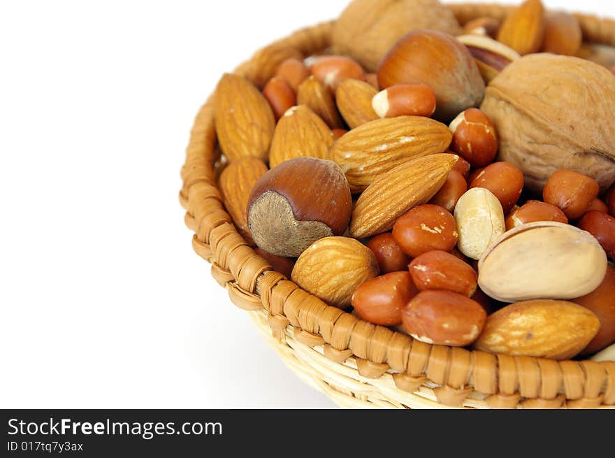 Basket of nuts isolated on white background