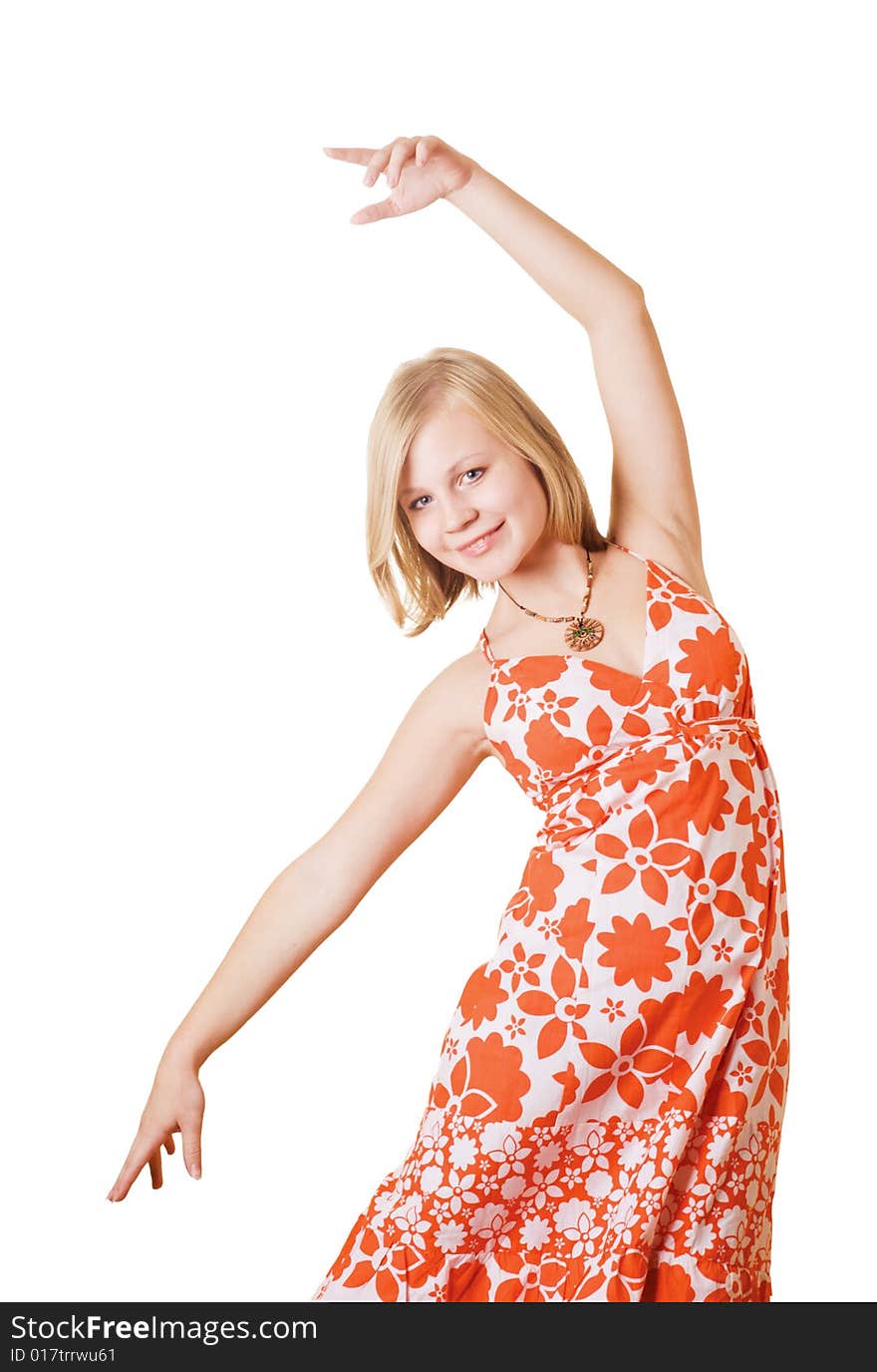 Dancing girl in red dress on white background. Dancing girl in red dress on white background