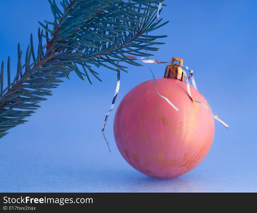 Christmas decoration. Sphere- spruce, tinsel