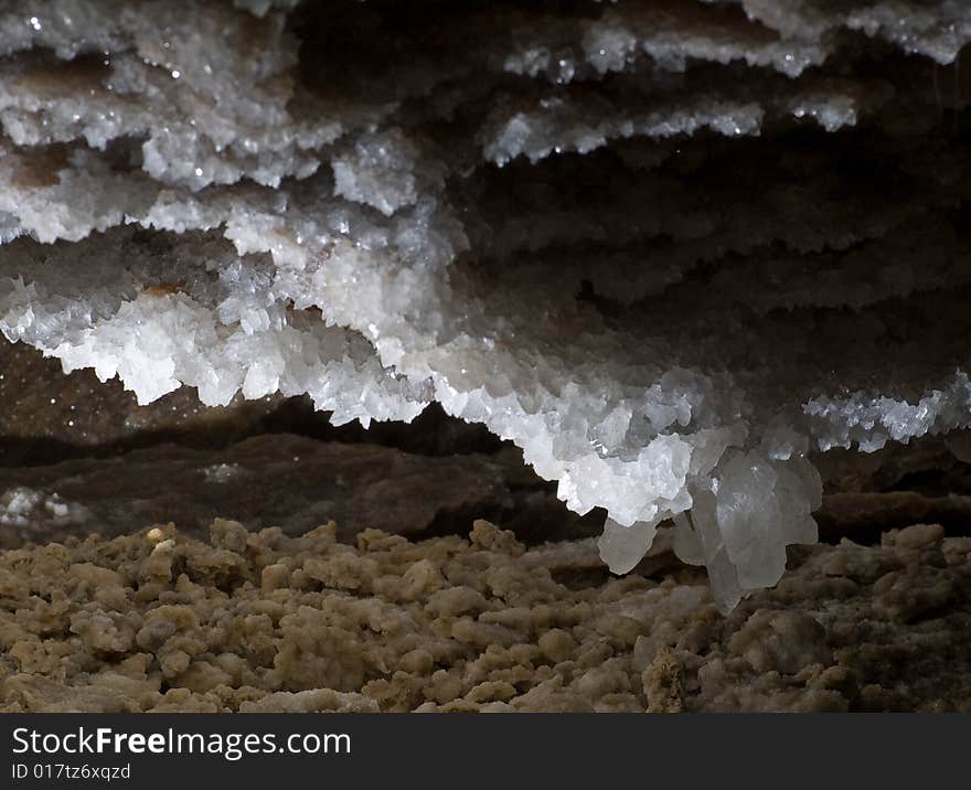 Crystals of gypsum deep in cave in Ukraine