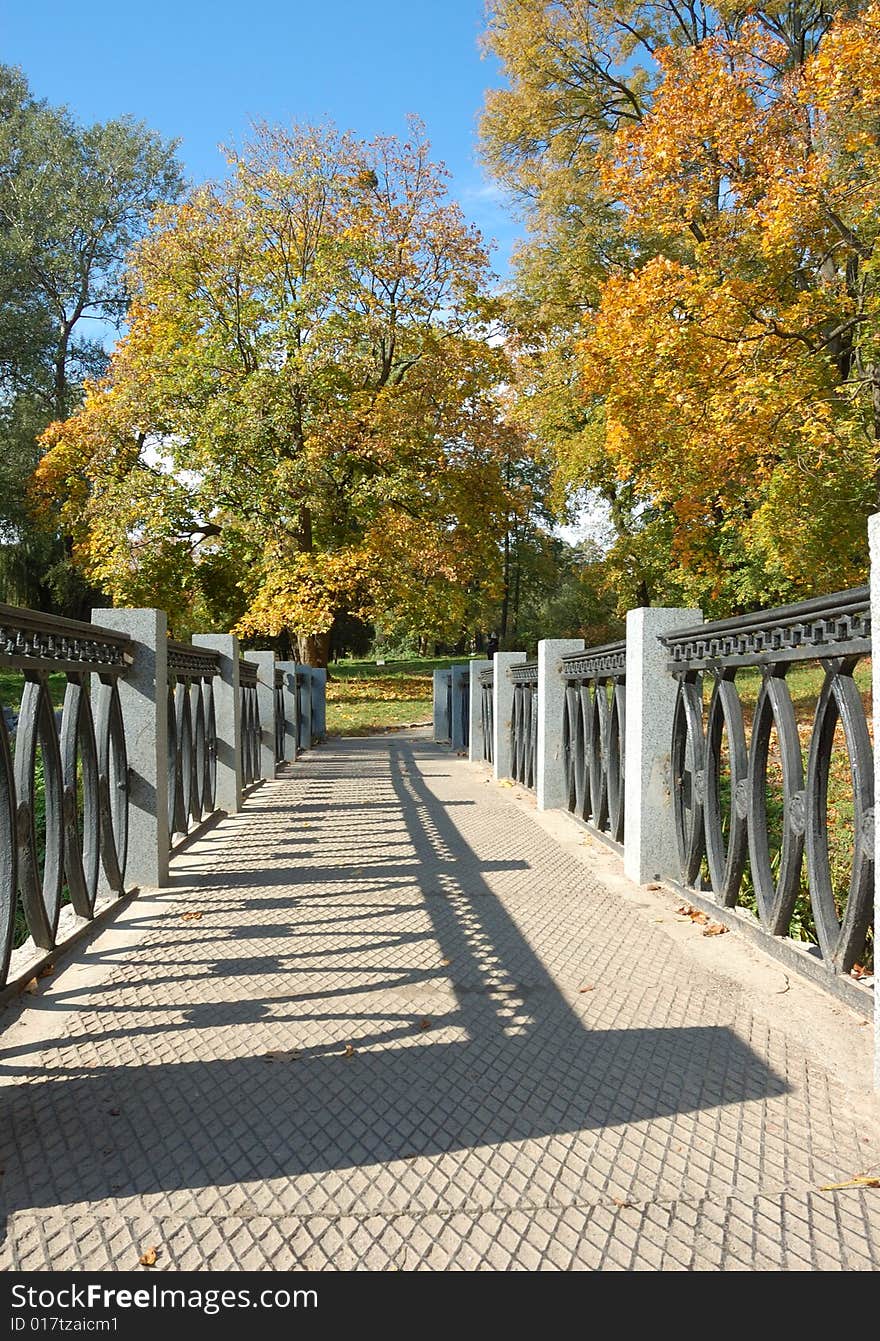 Bridge with shade  in an autumn park