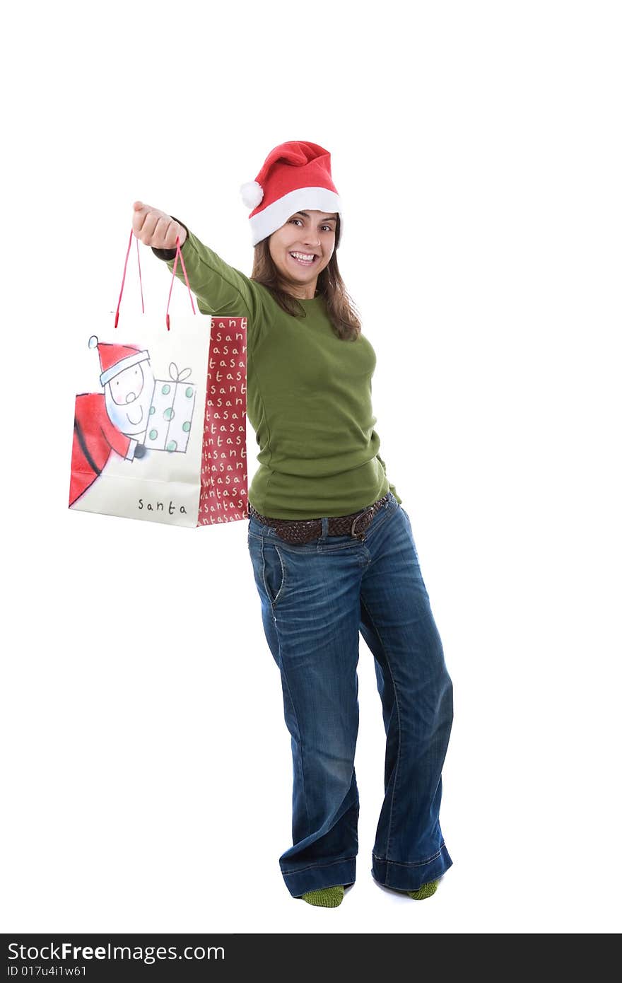 Young santa woman holiday holding present