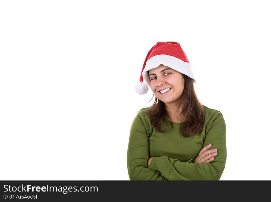 Isolated beautiful santa woman with joyful friends. Focus on the santa woman. Isolated beautiful santa woman with joyful friends. Focus on the santa woman.