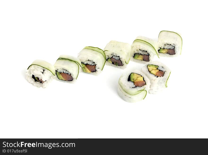 Sushi rolls with avocado, salmon, cucumber are isolated on white background