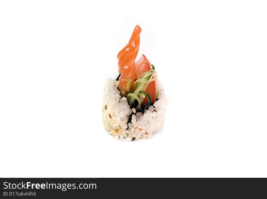 Sushi rolls with salmon, cucumber and tomato are isolated on the white background