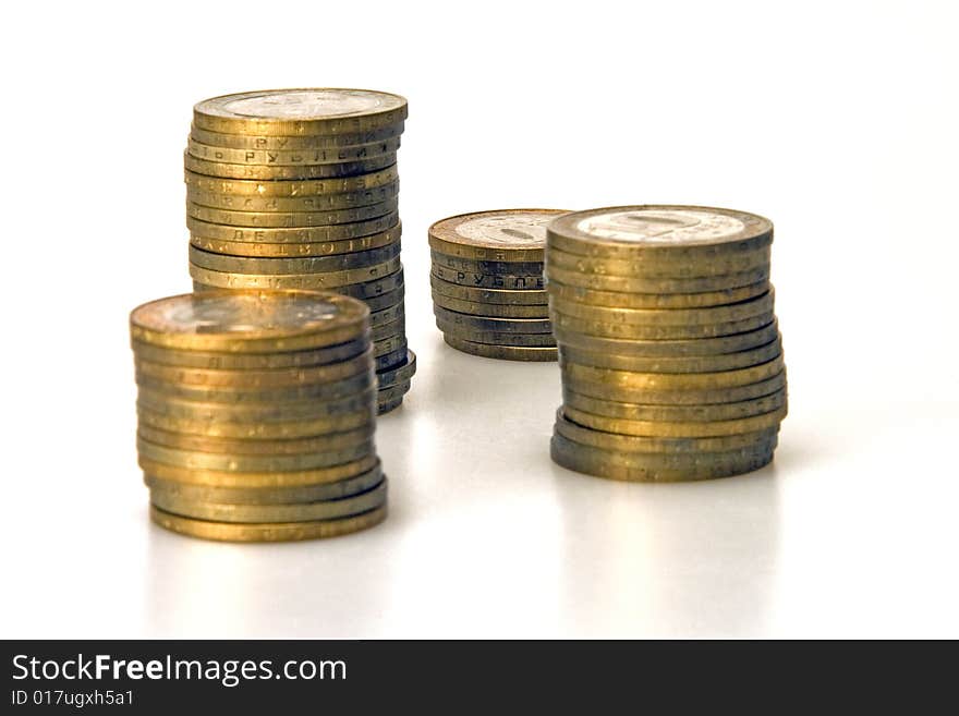 Four stacks of coins rubles Russian currency. Four stacks of coins rubles Russian currency