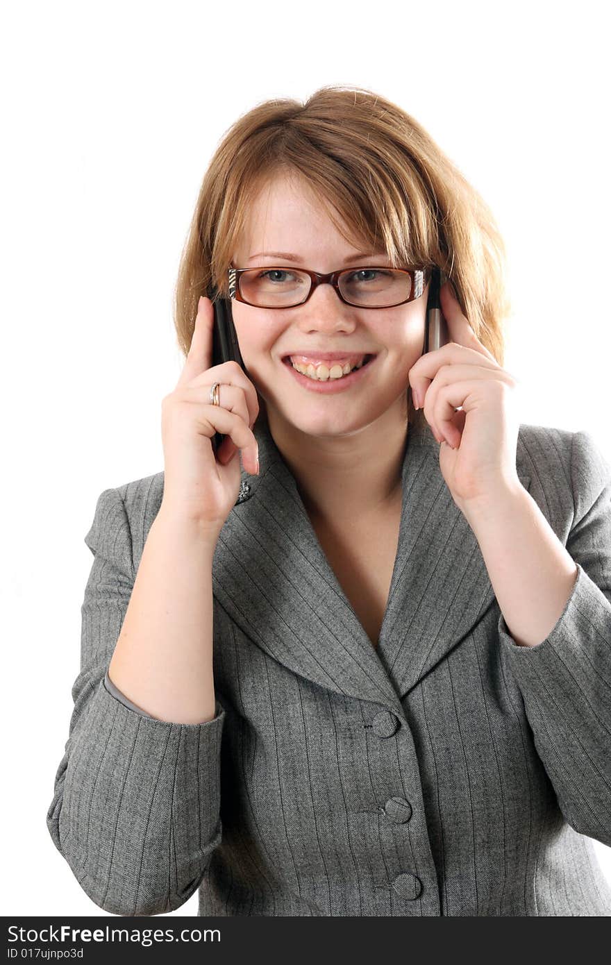 The young businesslady with phones.