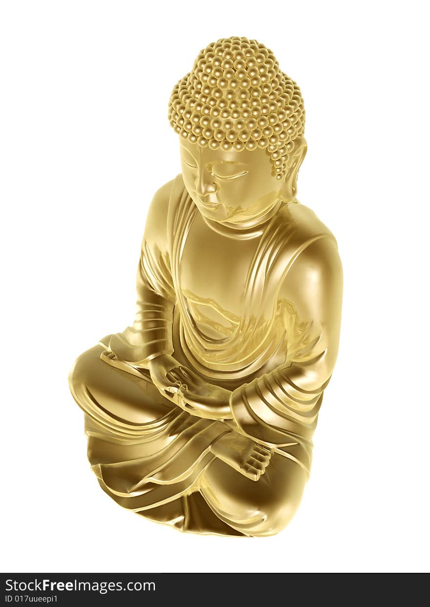 Golden buddha sitting cross-legged on white background