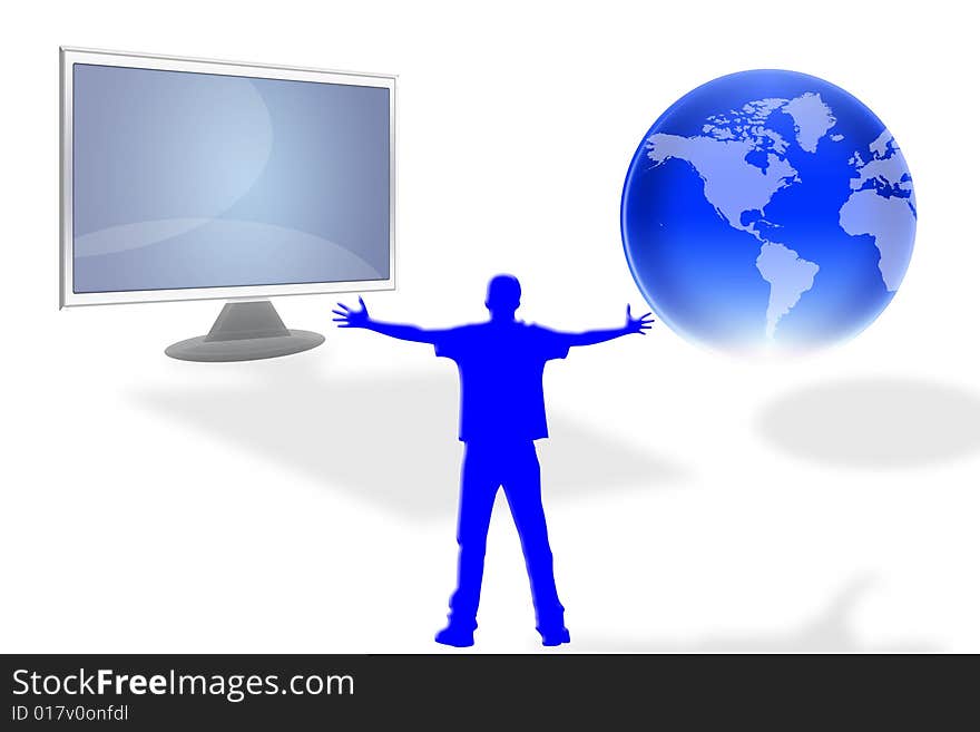 Figure of a man with monitors and world. Figure of a man with monitors and world