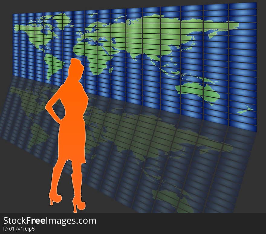 Female figure who looks monitors world. Female figure who looks monitors world