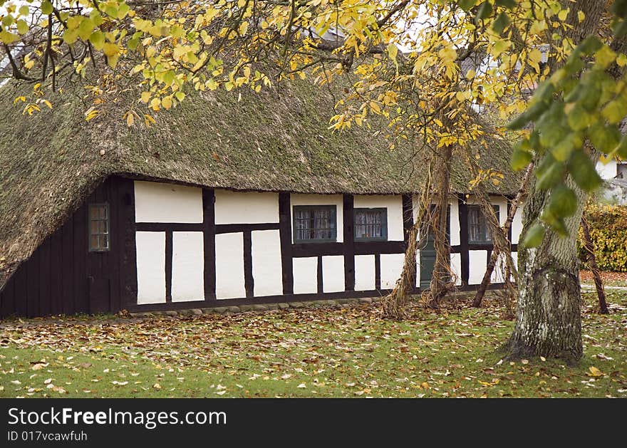 Half-Timbered House with thatched roof in autumn