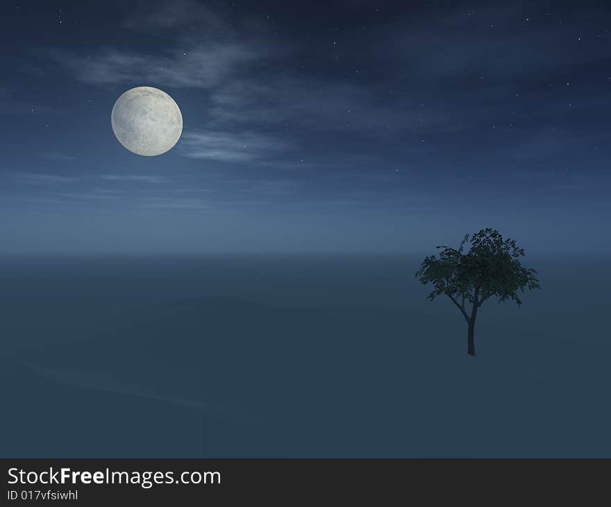A night full moon over horizon with lone tree. A night full moon over horizon with lone tree.