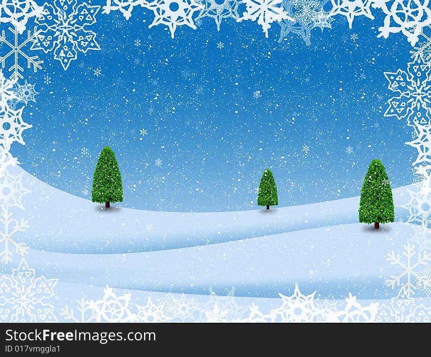 Blue illustration of winter landscape with trees and snow-flakes