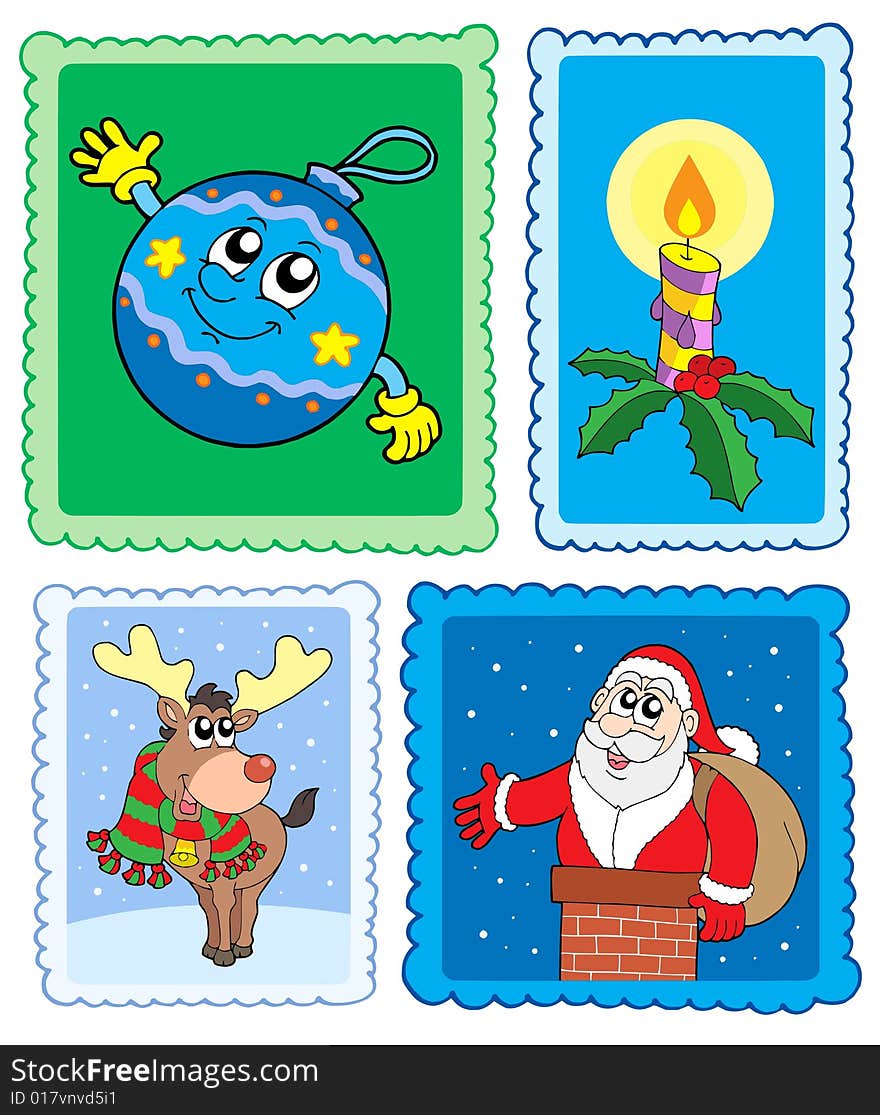 Christmas post stamps collection - vector illustration.