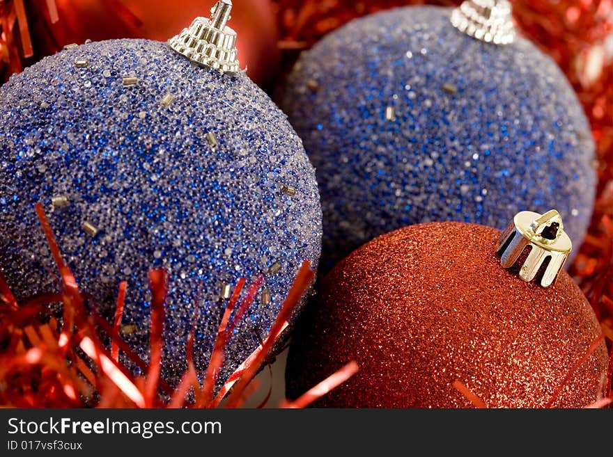 Christmas decorations, blue and red baubles. Christmas decorations, blue and red baubles