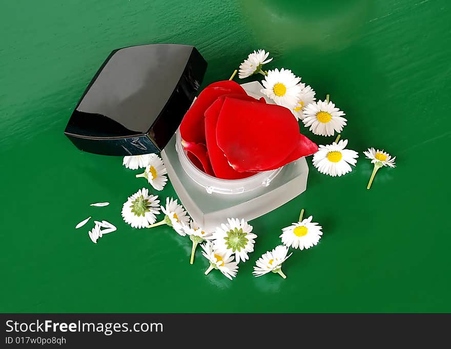 Glass cream box with flower plant details over green. Glass cream box with flower plant details over green