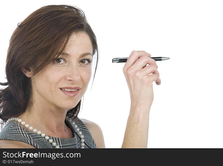 Portrait of happy businesswoman with a pen in hand