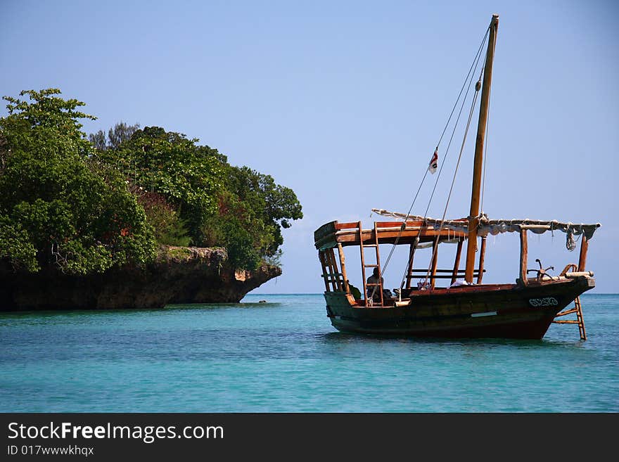 Sailing boat in blue water