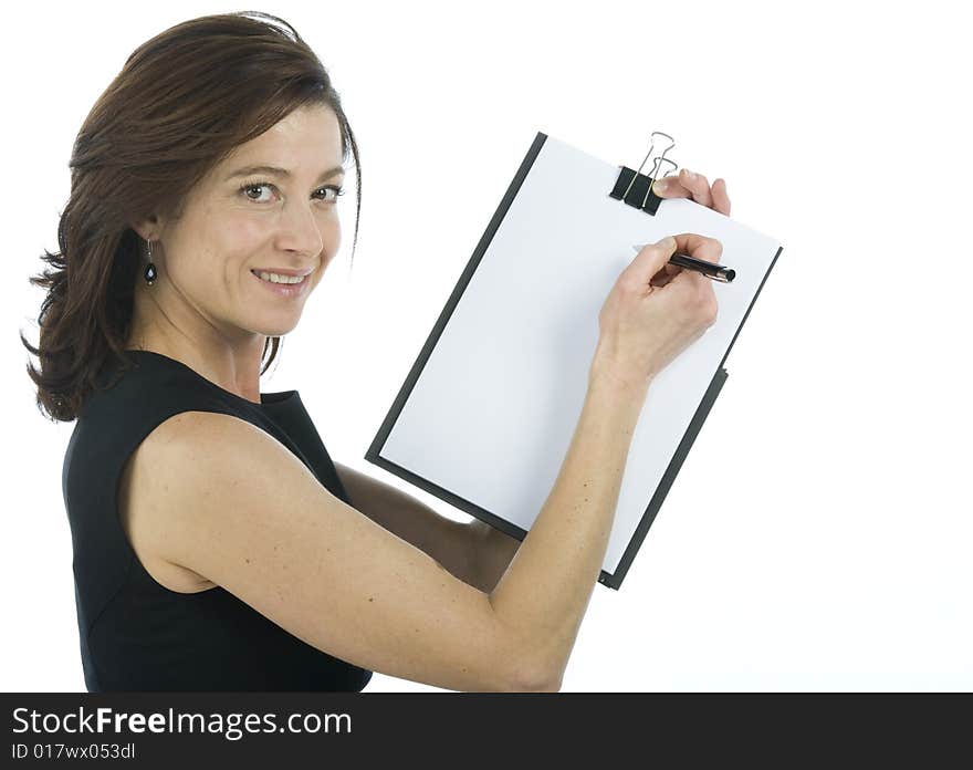 Adult secretary shows a blank paper on a white background