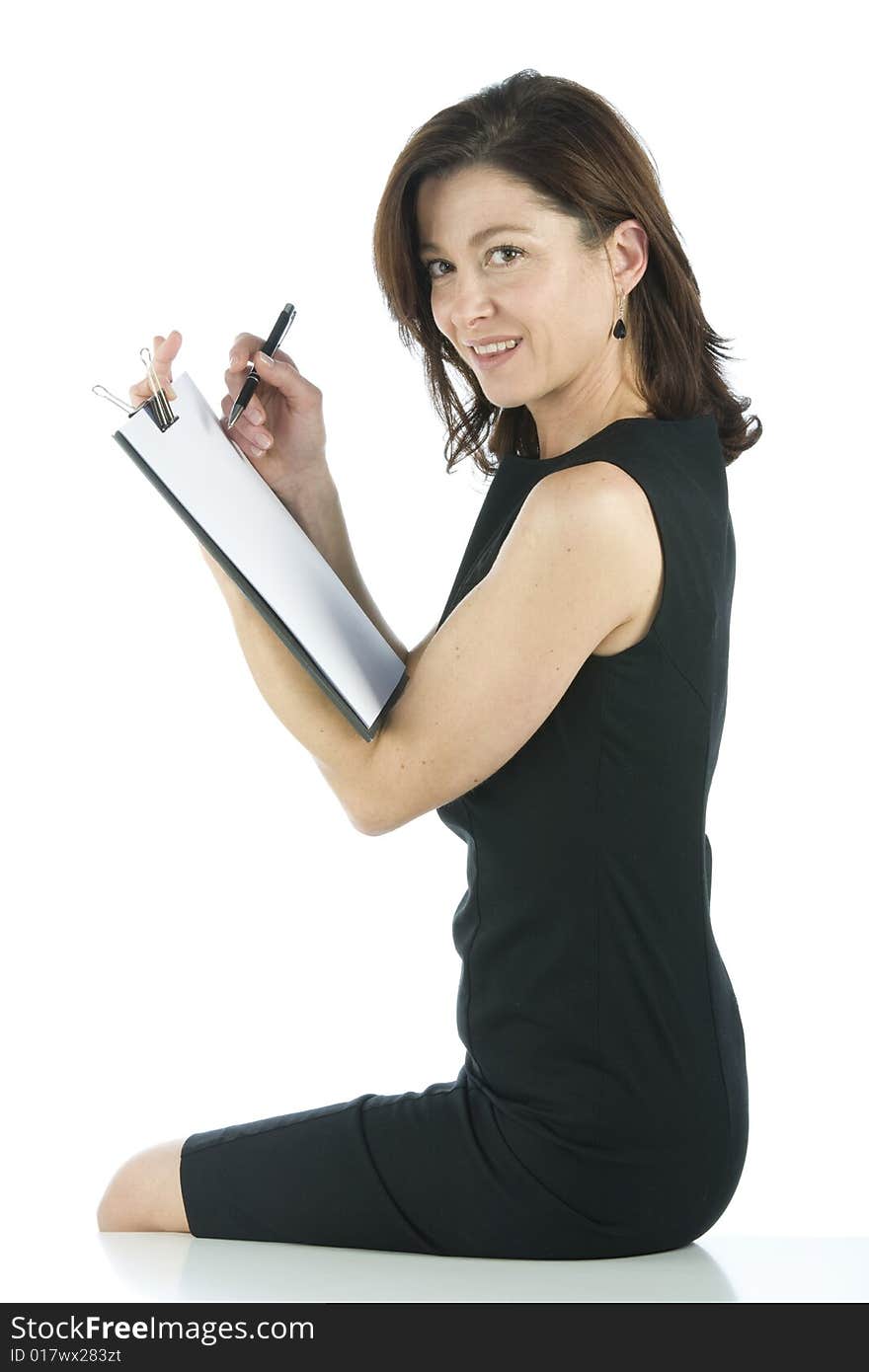 Adult secretary shows a blank paper on a white background