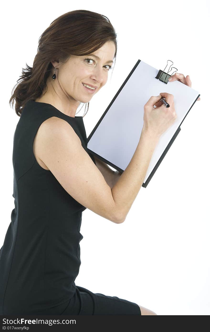 Adult secretary shows a blank paper on a white background