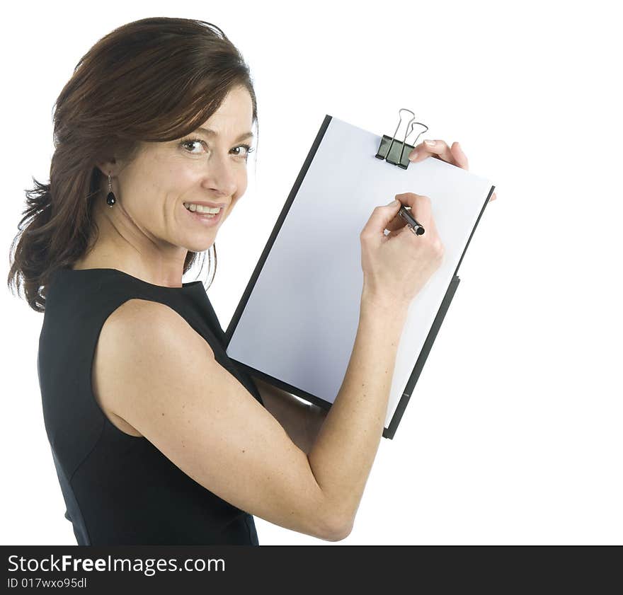 Adult secretary shows a blank paper on a white background