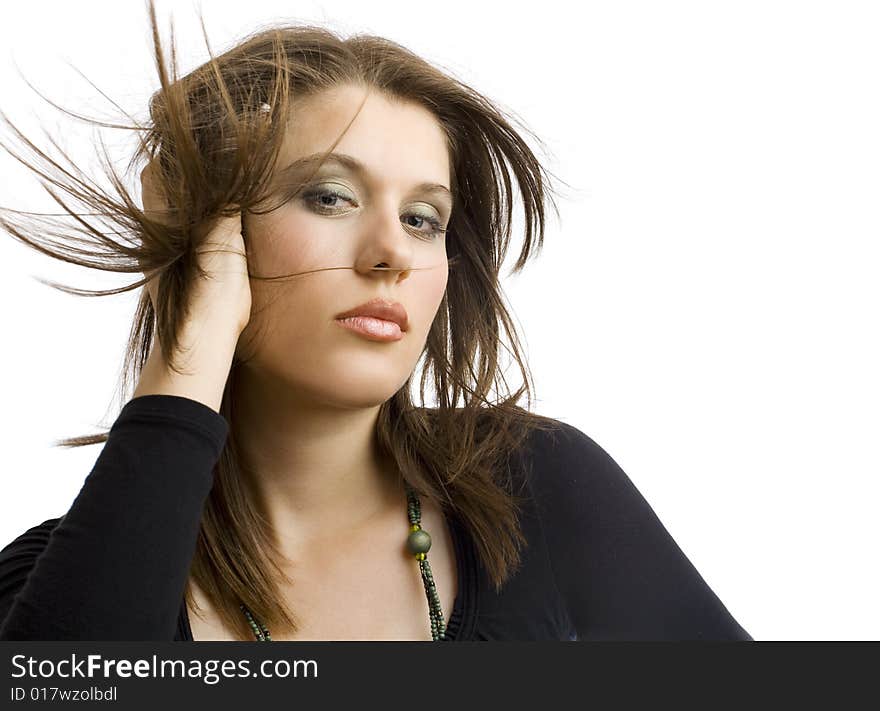 Portrait of an attractive  girl in black on white background. Portrait of an attractive  girl in black on white background