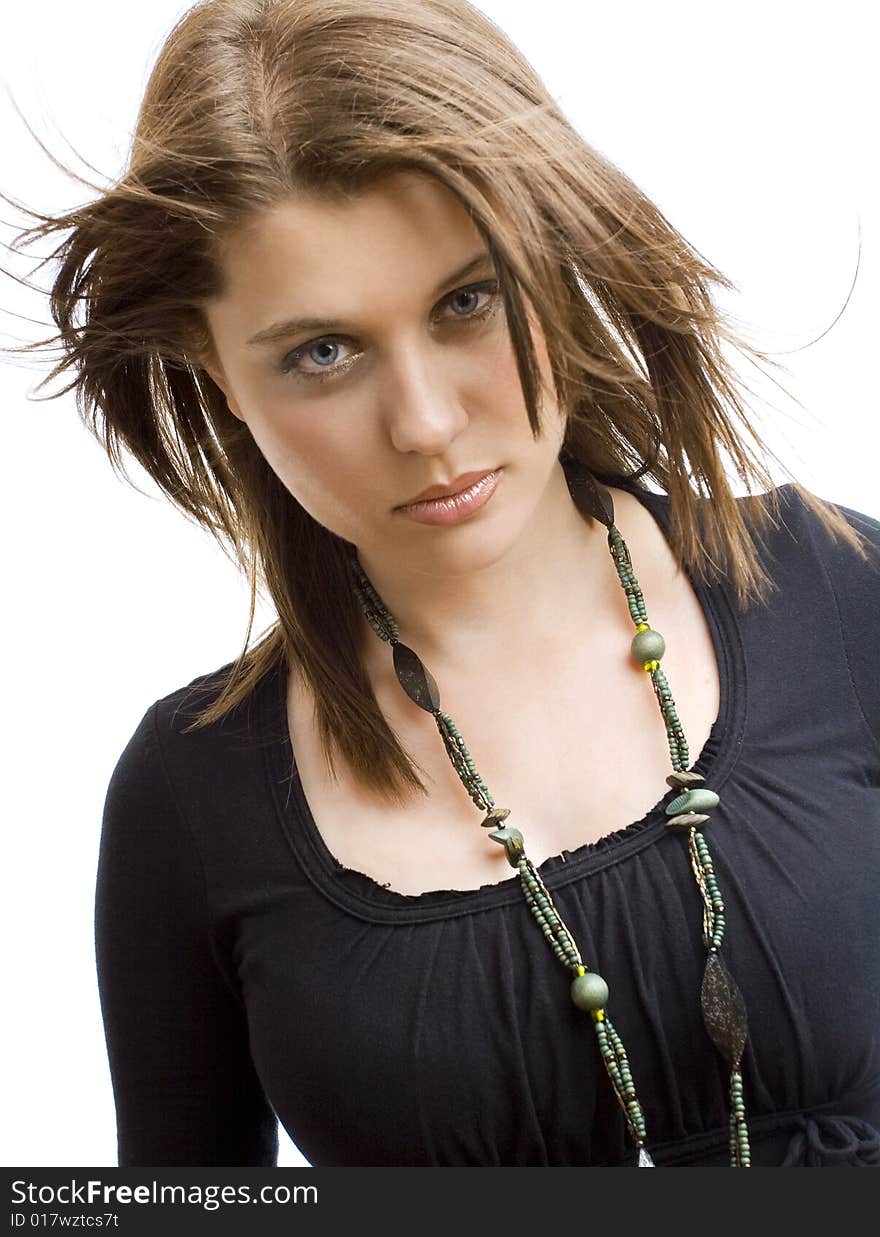 Portrait of an attractive  girl in black on white background. Portrait of an attractive  girl in black on white background