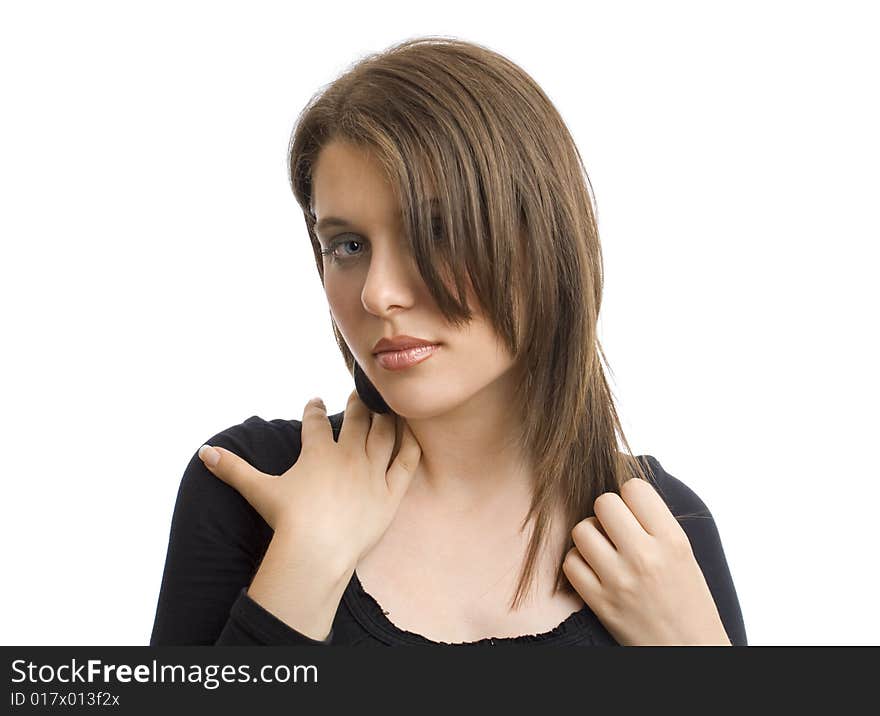 Portrait of an attractive  girl in black on white background. Portrait of an attractive  girl in black on white background