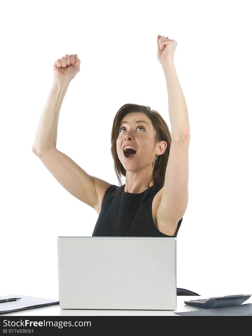 Beautiful businesswoman in her office exulting on a white background