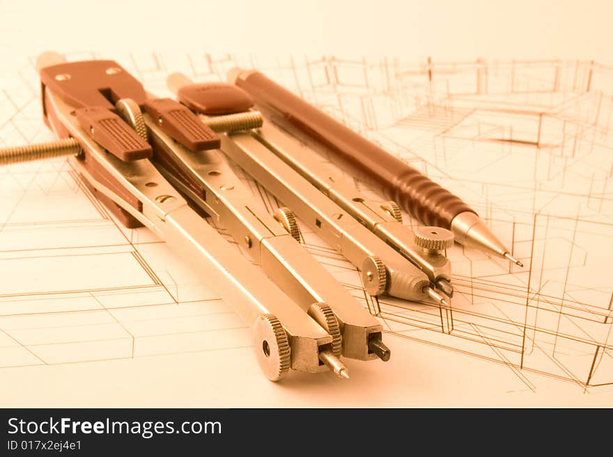 Architecture blueprint and drawing compass. Architecture blueprint and drawing compass