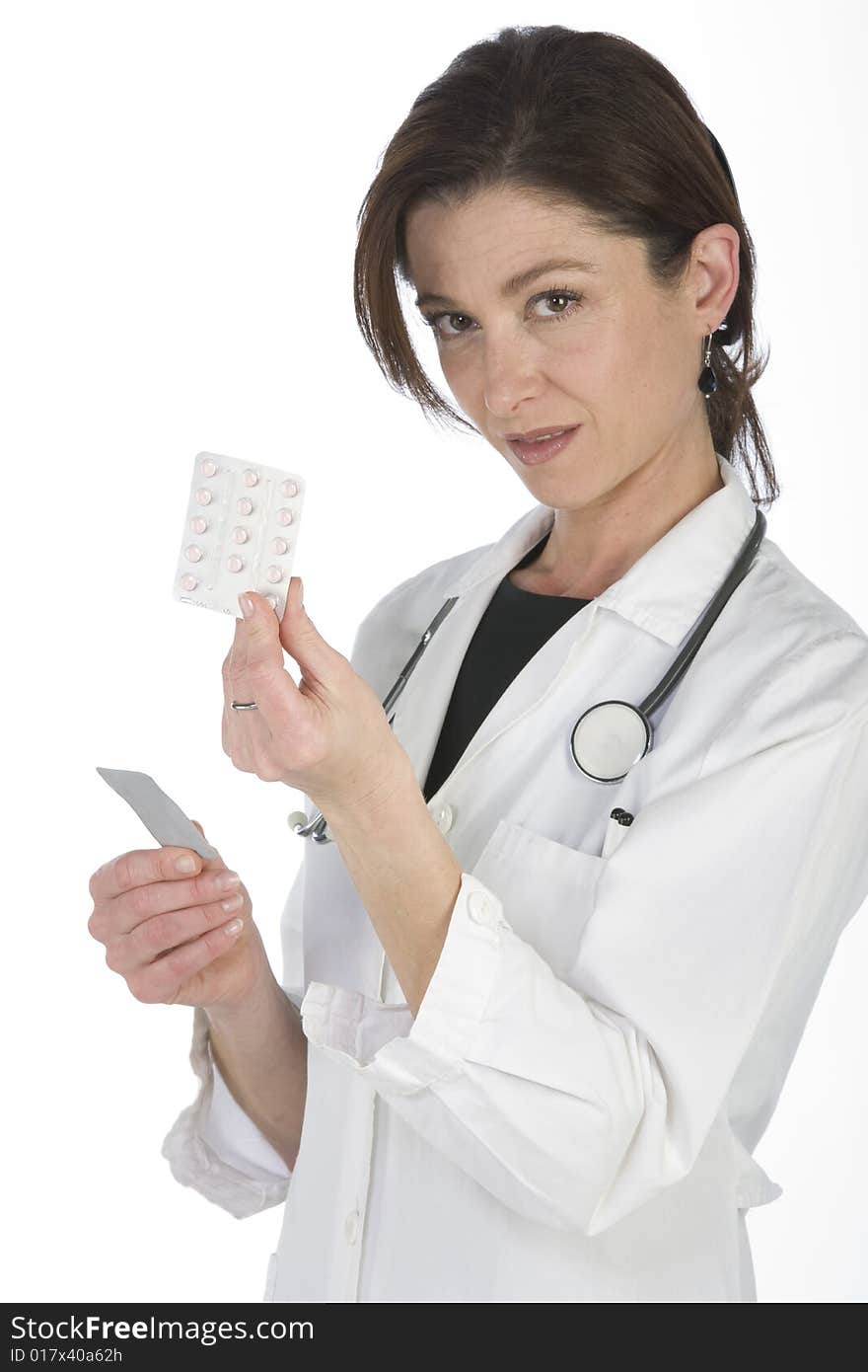 Female doctor handing over medicine isolated on white