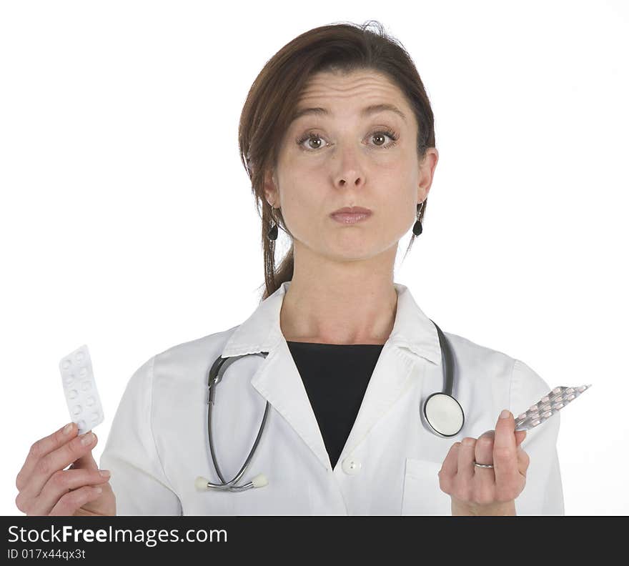 Female doctor handing over medicine isolated on white