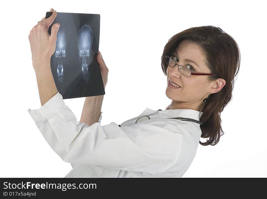 Woman doctor whit radiography a over white background