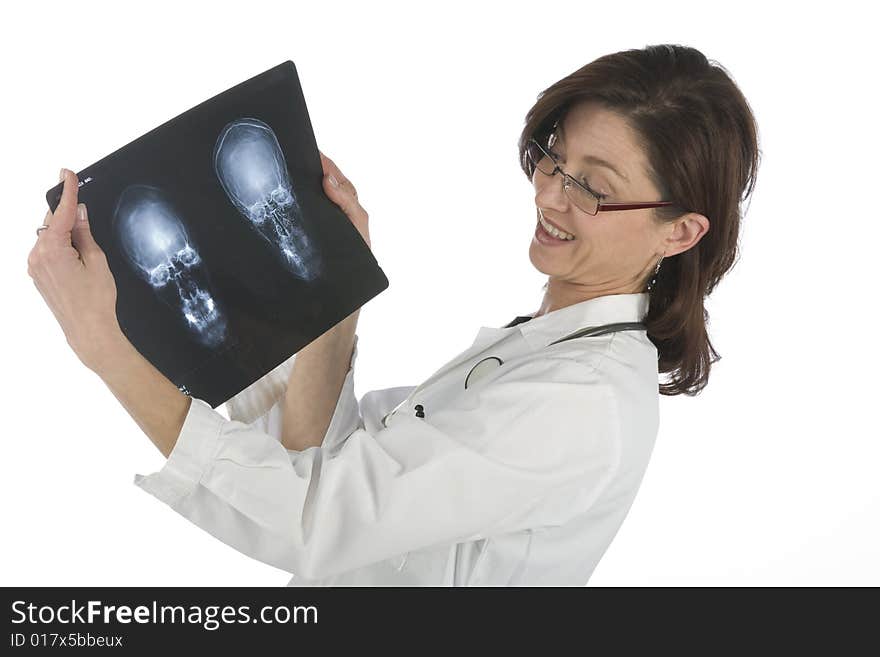 Woman doctor whit radiography a over white background