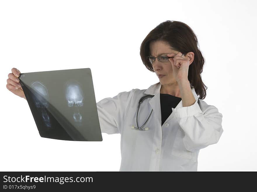 Woman doctor whit radiography a over white background