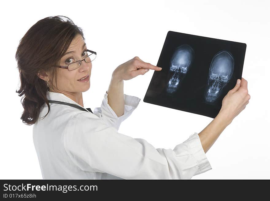 Woman doctor whit radiography a over white background