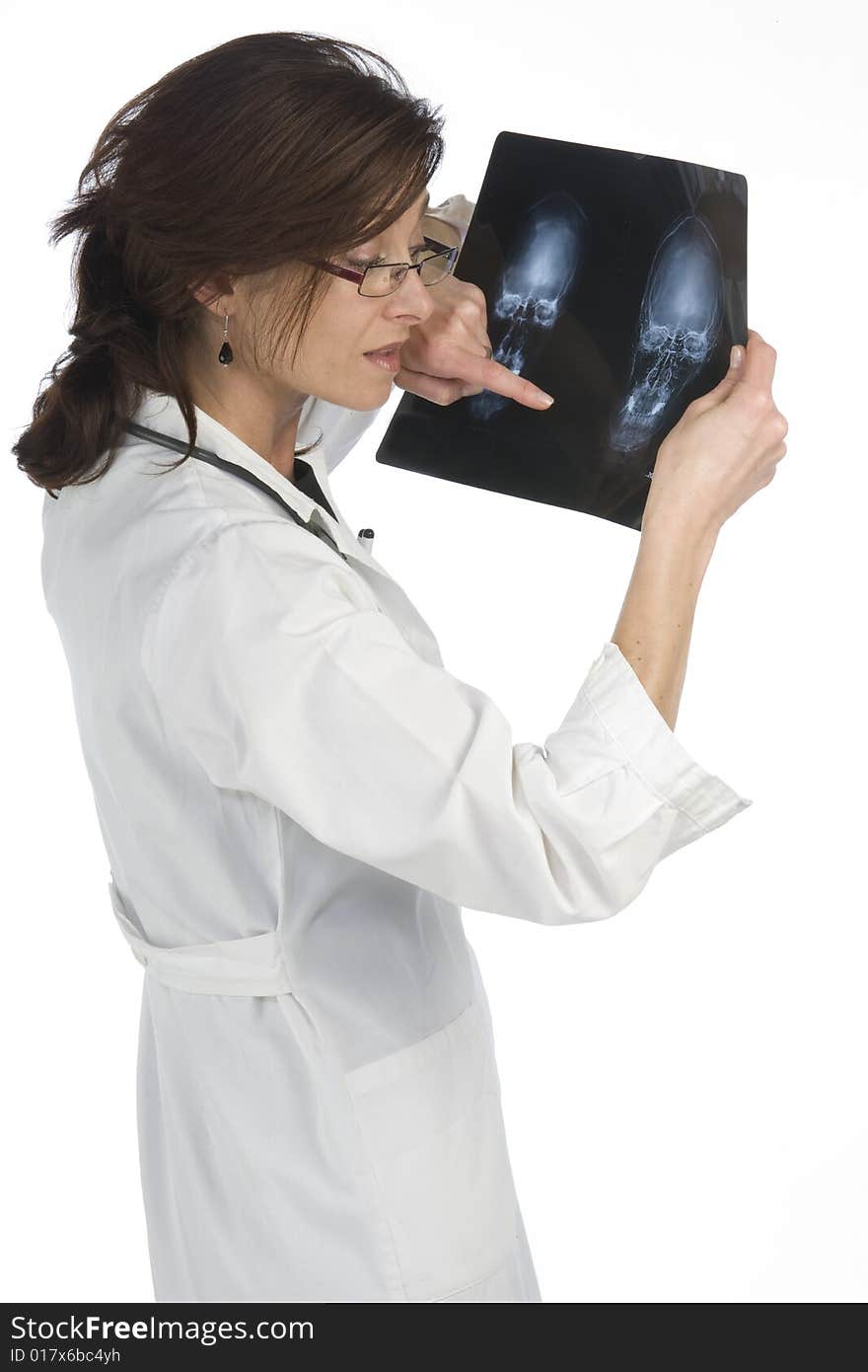 Woman doctor whit radiography a over white background