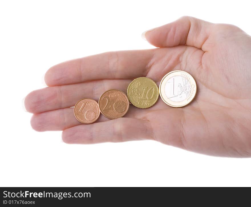 Euro coins in a Hand. One cent, Two cents, Ten cents, One Euro. Euro coins in a Hand. One cent, Two cents, Ten cents, One Euro