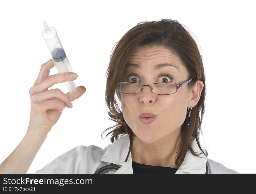 Doctor holding a big syringe and getting ready for injection