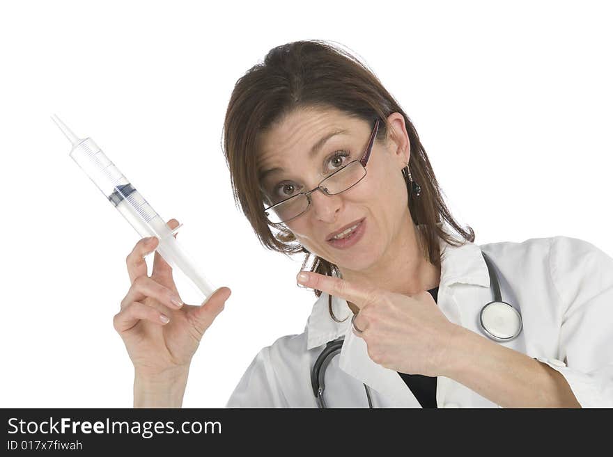 Doctor holding a big syringe and getting ready for injection